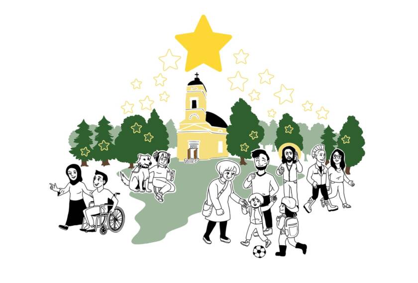 Nokian seurakunnanstrategian kuva: Ihmisiä kirkonmäellä.