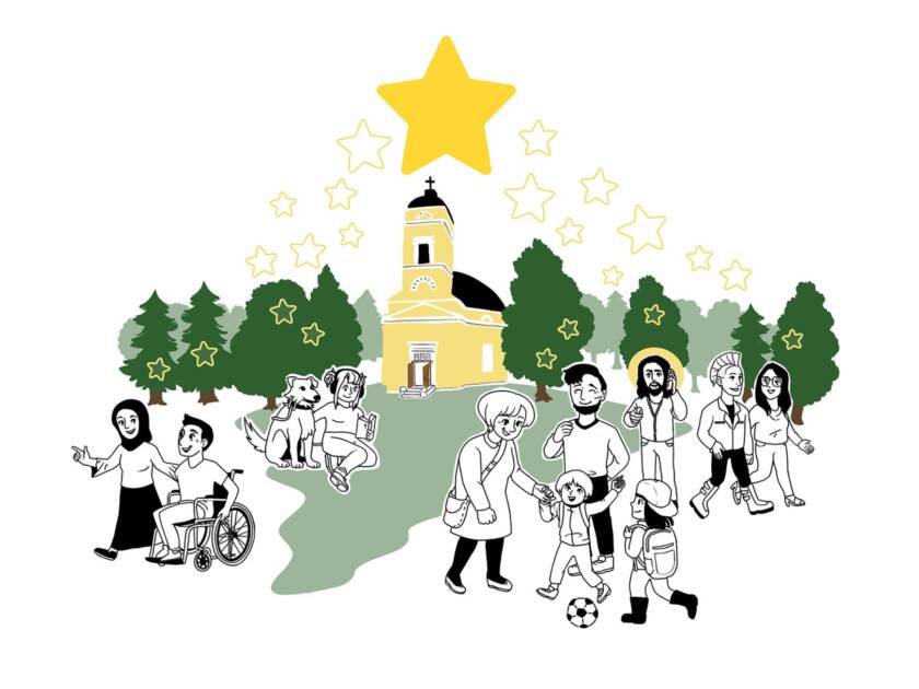 Nokian seurakunnanstrategian kuva: Ihmisiä kirkonmäellä.