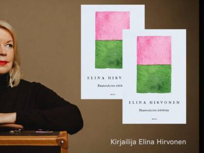 Kirjailija Elina Hirvonen ja teoksen Kauneuksien lokikirja kannet.